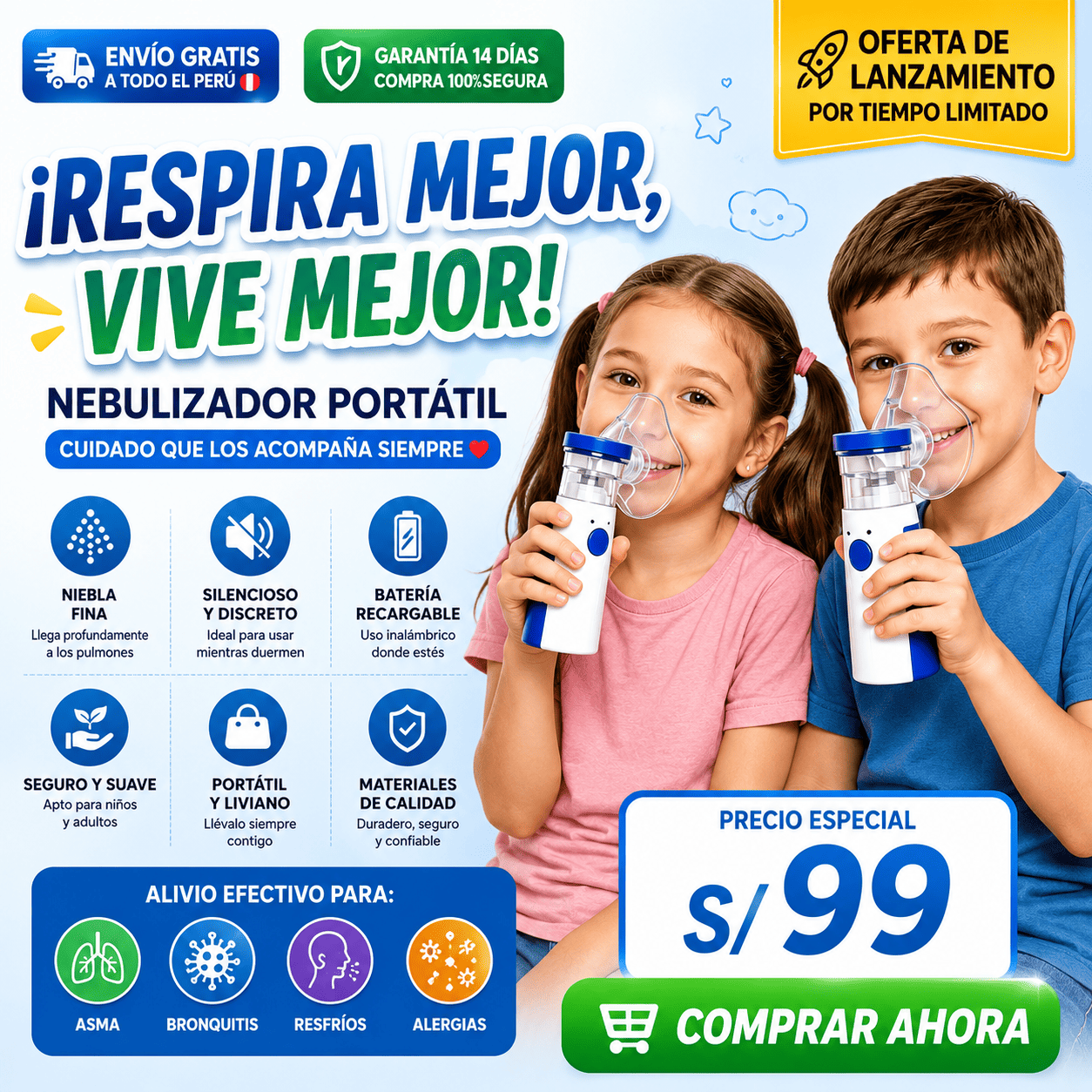 Nebulizador Portátil Pro 3 en 1 para Niños | Fácil de Usar y Llevar a Cualquier Lugar